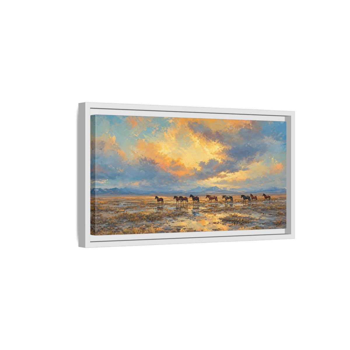 Side Mockup 6. Animals Wild Horses Sunset Horses shown as stretched canvas wall art