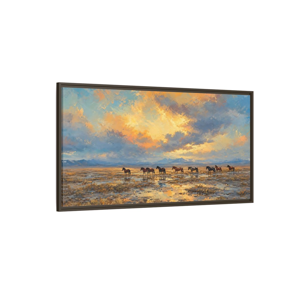 Side Mockup 4. Animals Wild Horses Sunset Horses shown as stretched canvas wall art