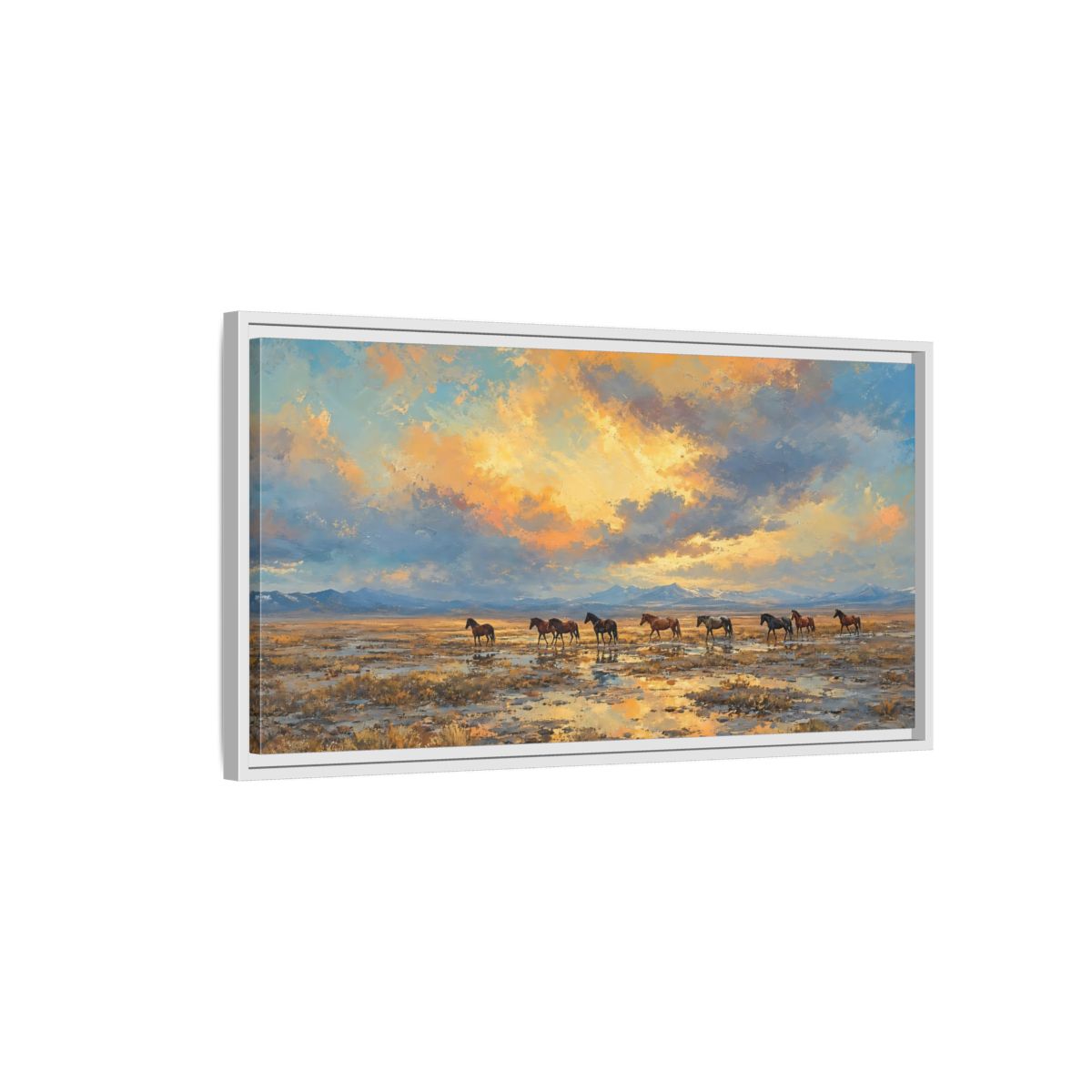 Side Mockup 1. Animals Wild Horses Sunset Horses shown as stretched canvas wall art