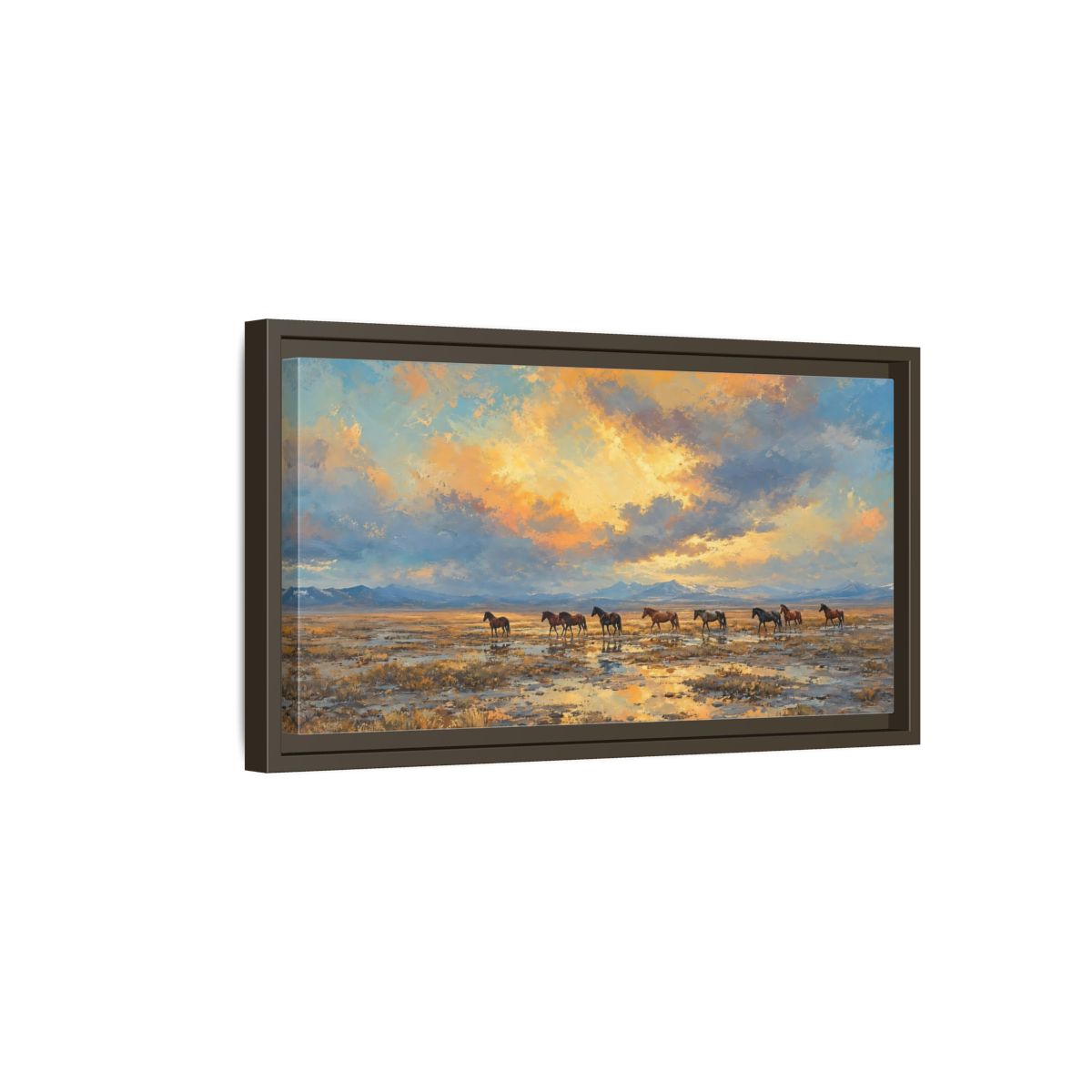 Side Mockup 7. Animals Wild Horses Sunset Horses shown as stretched canvas wall art