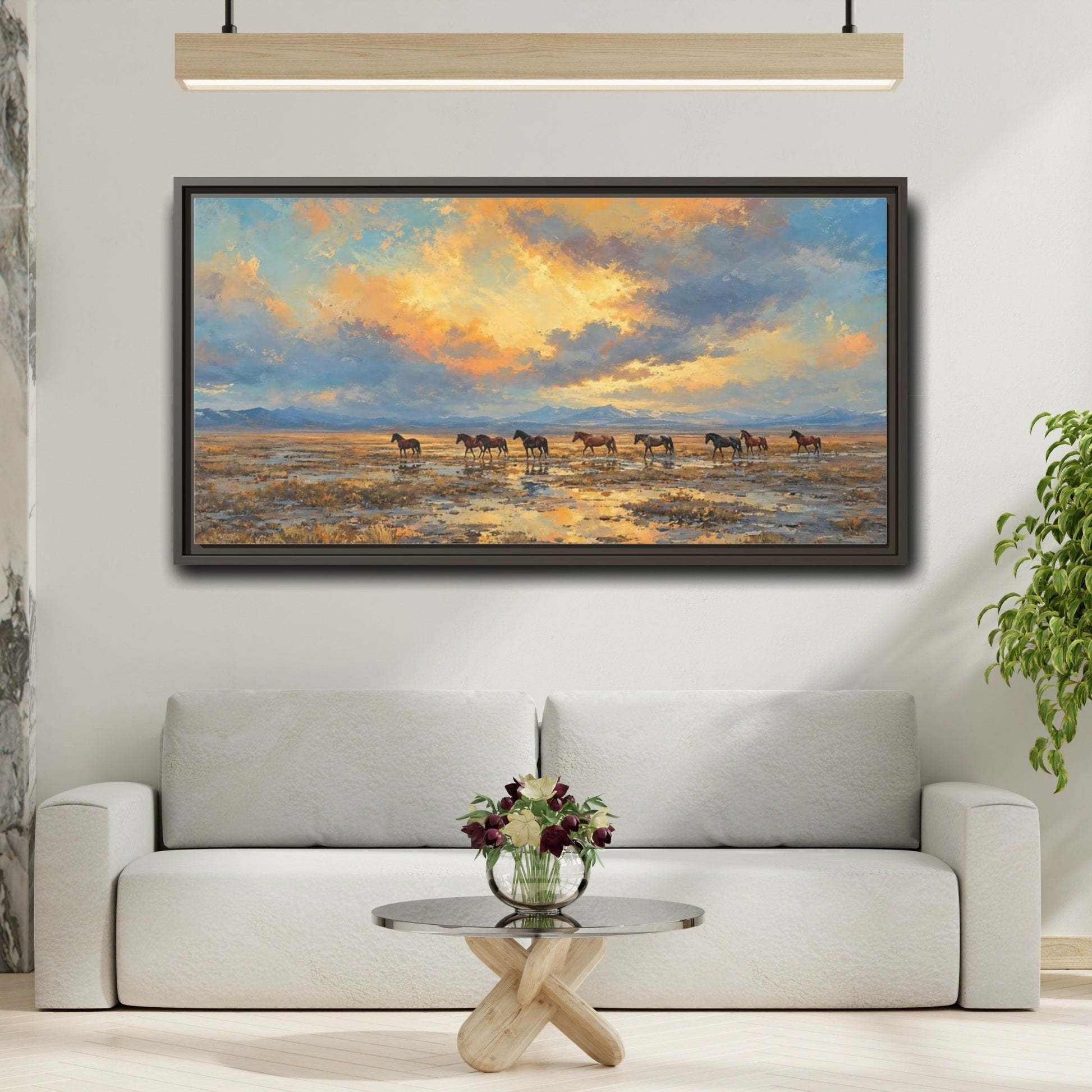 Mockup 2. Animals Wild Horses Sunset Horses shown as stretched canvas wall art