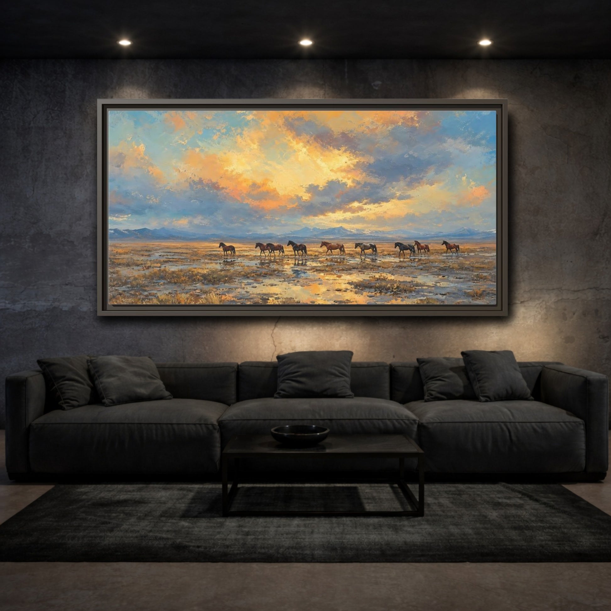 Mockup 3. Animals Wild Horses Sunset Horses shown as stretched canvas wall art