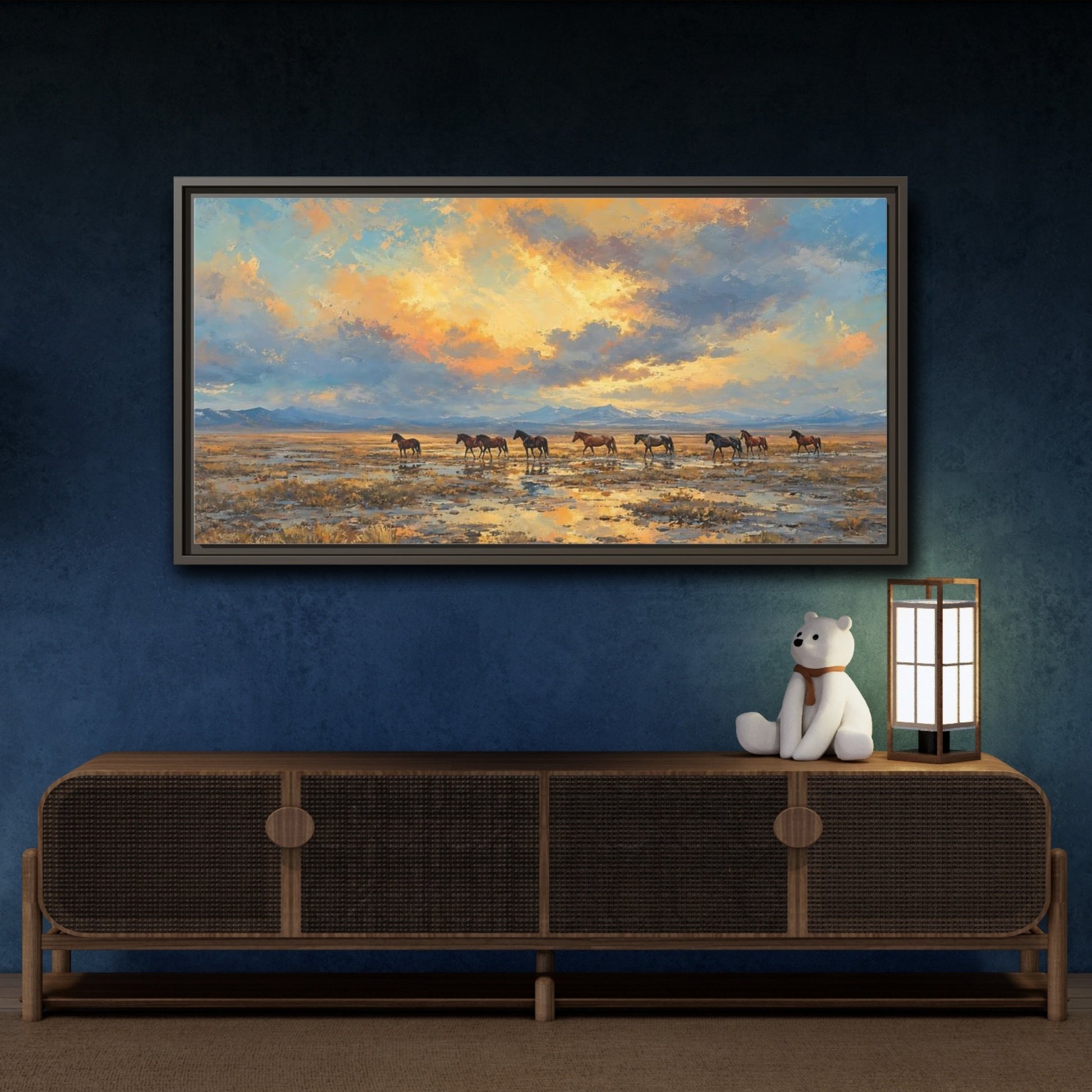 Mockup 4. Animals Wild Horses Sunset Horses shown as stretched canvas wall art
