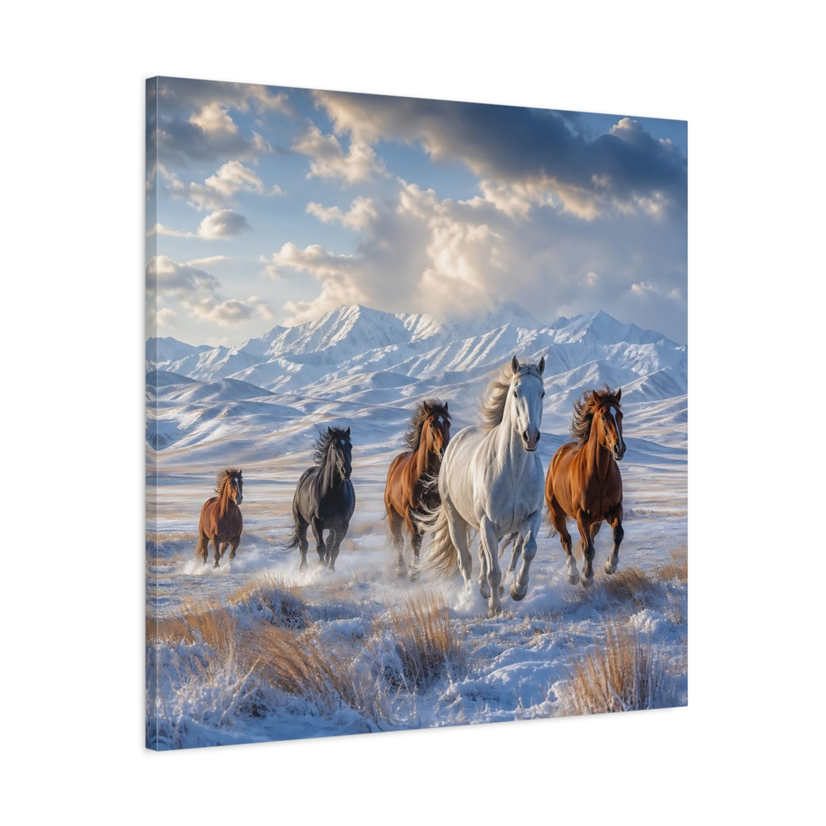 Side Mockup 3. Animals Wild Horses Winter Wild Horses shown as stretched canvas wall art