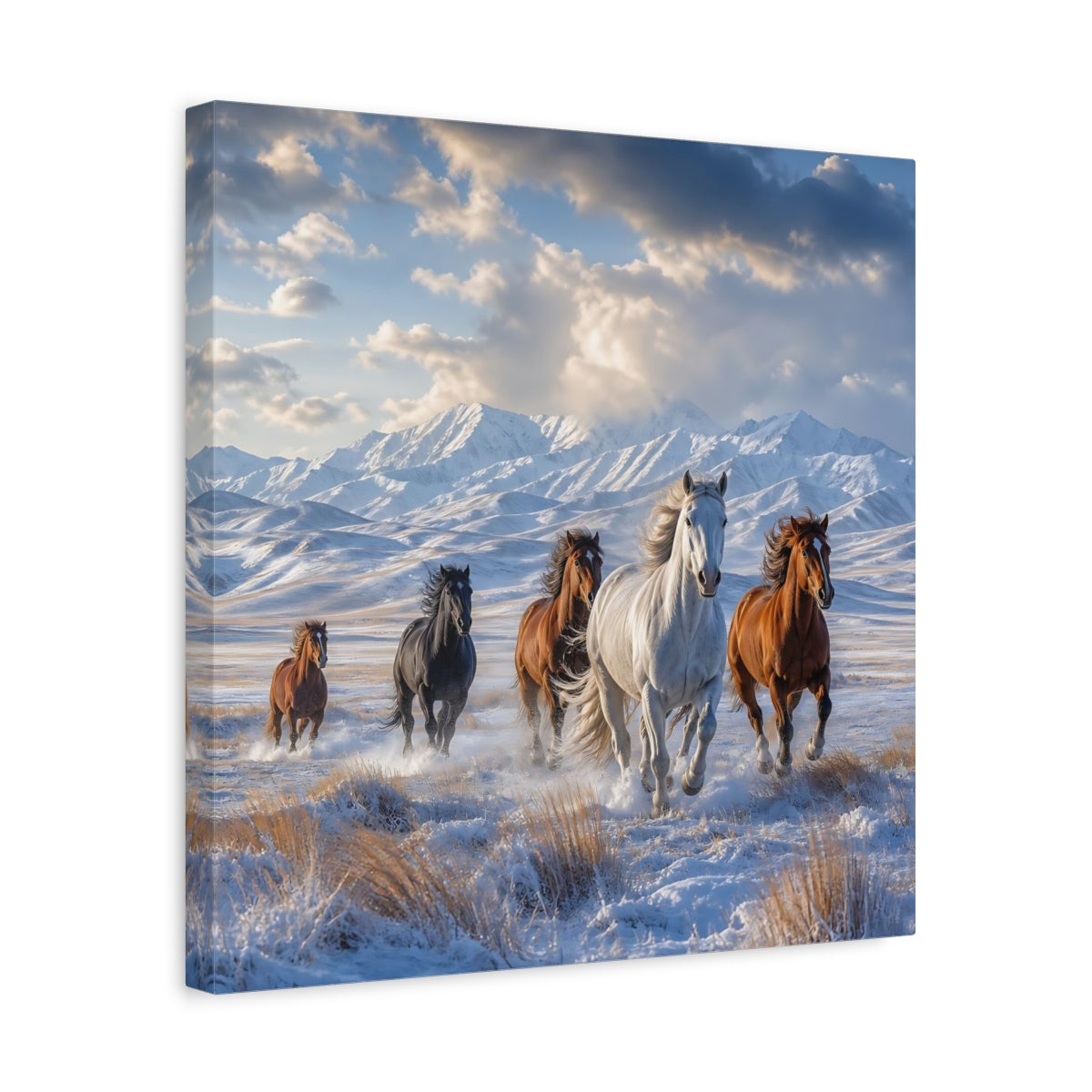 Side Mockup 6. Animals Wild Horses Winter Wild Horses shown as stretched canvas wall art