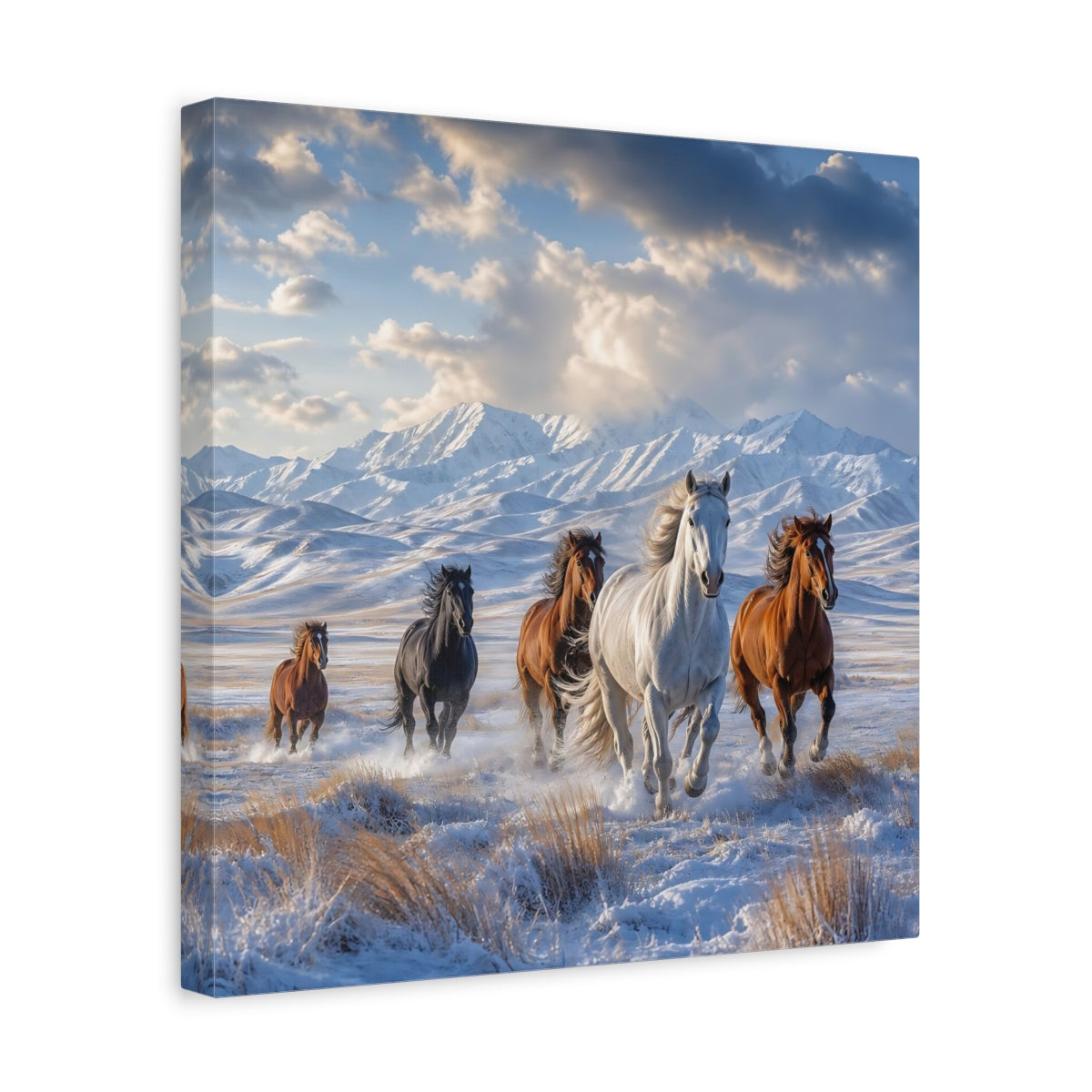Side Mockup 7. Animals Wild Horses Winter Wild Horses shown as stretched canvas wall art