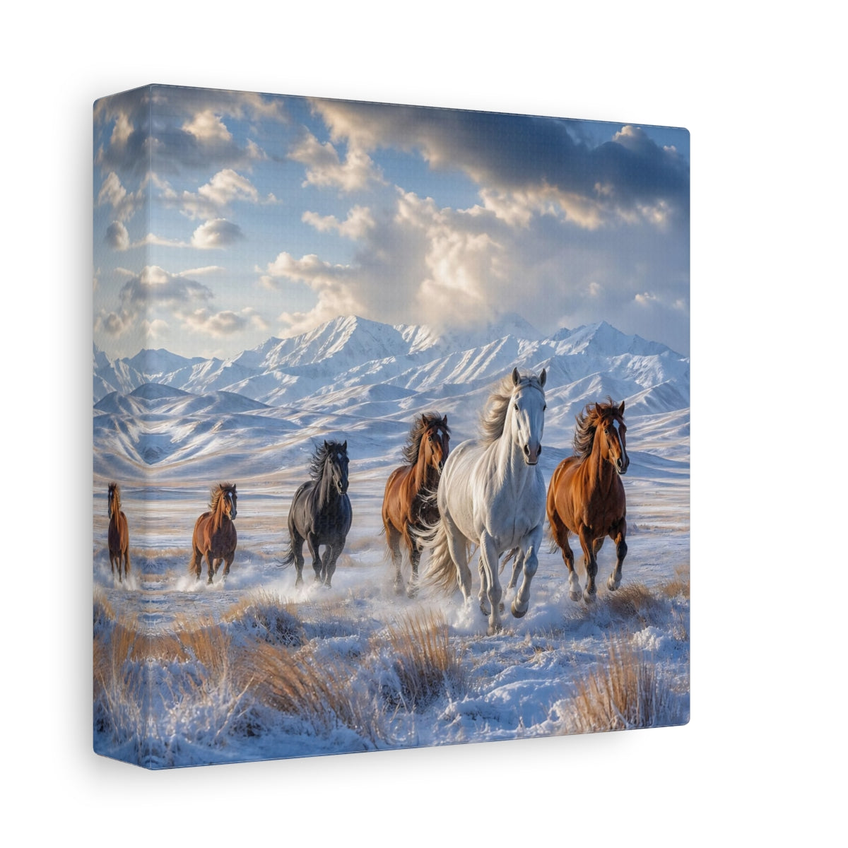 Side Mockup 2. Animals Wild Horses Winter Wild Horses shown as stretched canvas wall art