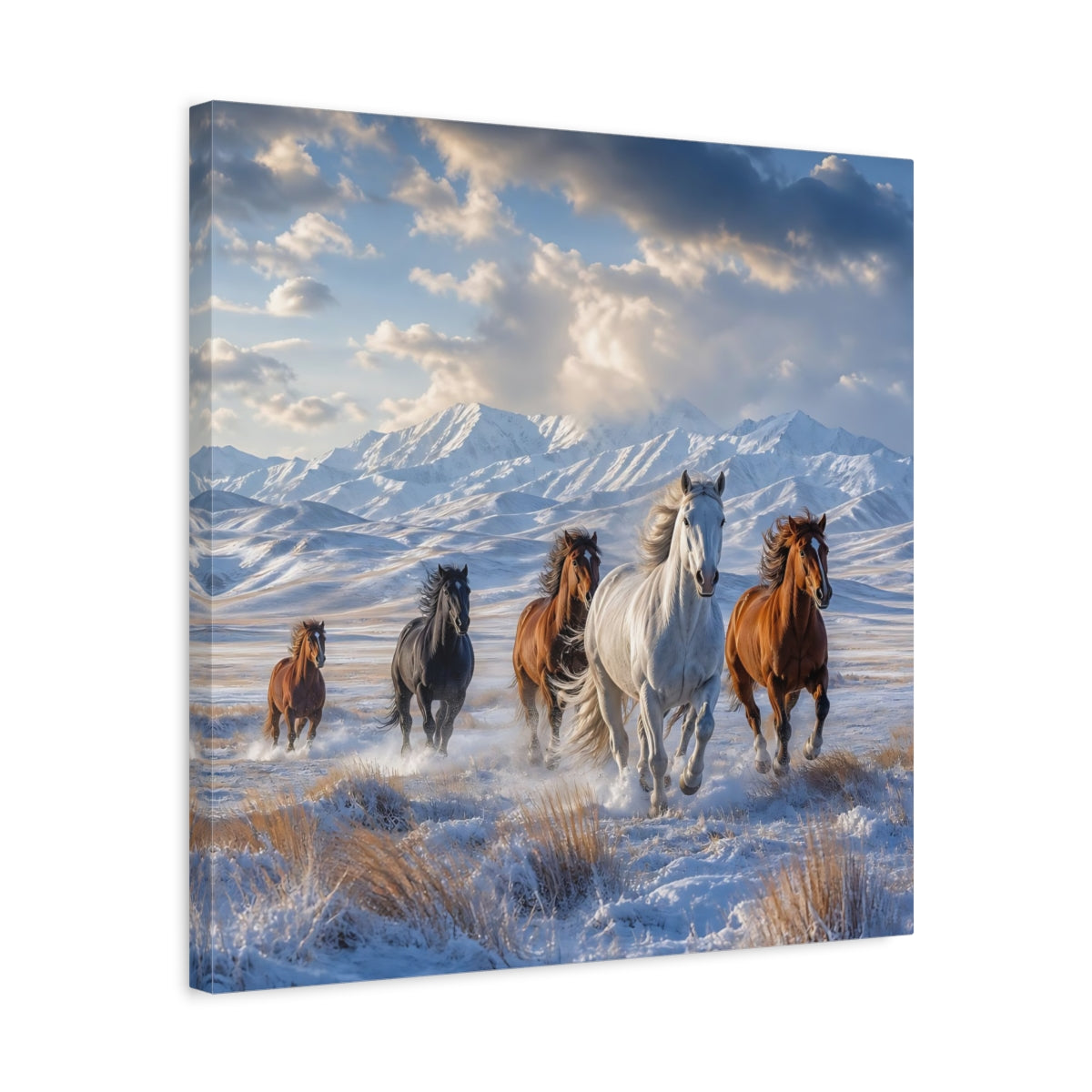 Side Mockup 5. Animals Wild Horses Winter Wild Horses shown as stretched canvas wall art