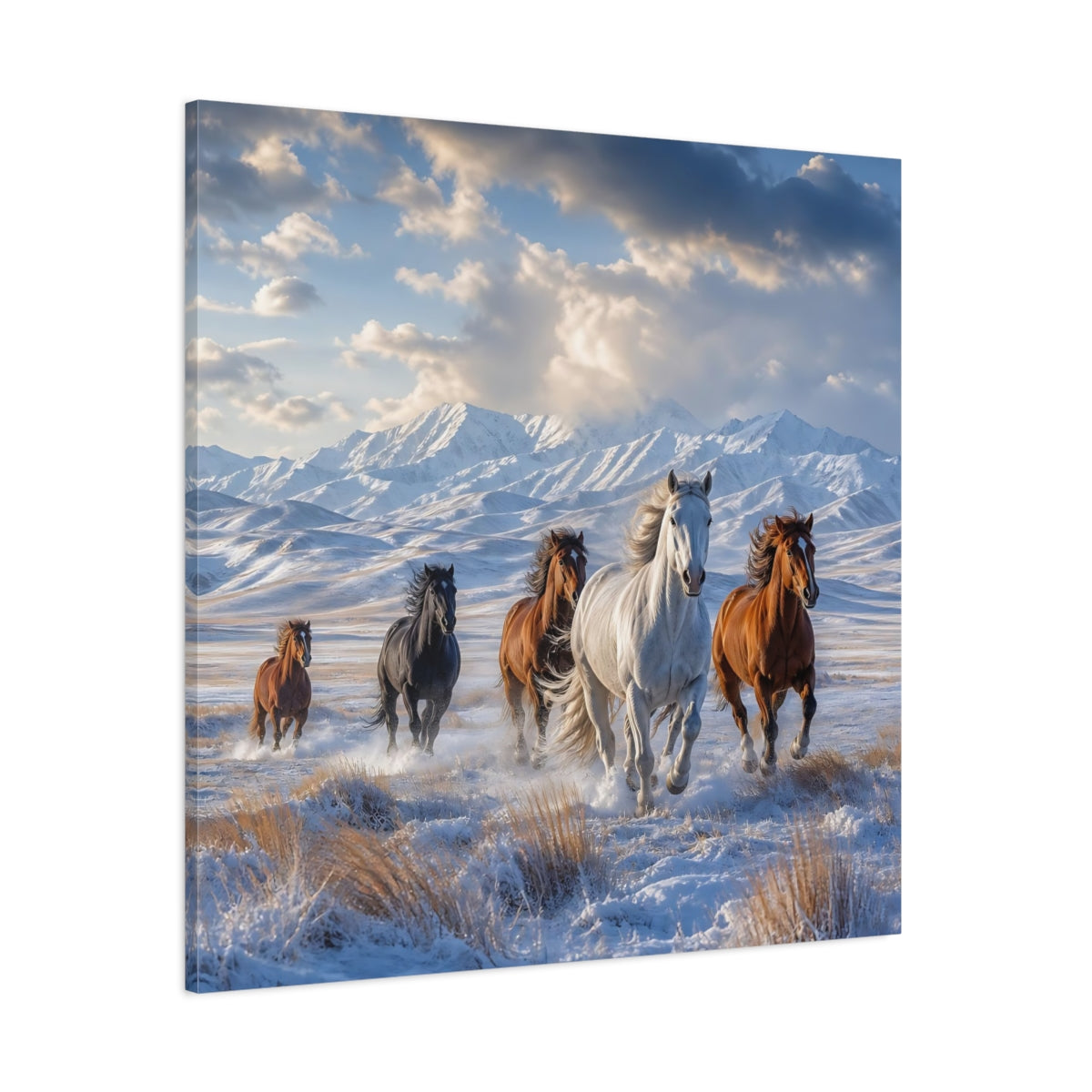 Side Mockup 1. Animals Wild Horses Winter Wild Horses shown as stretched canvas wall art