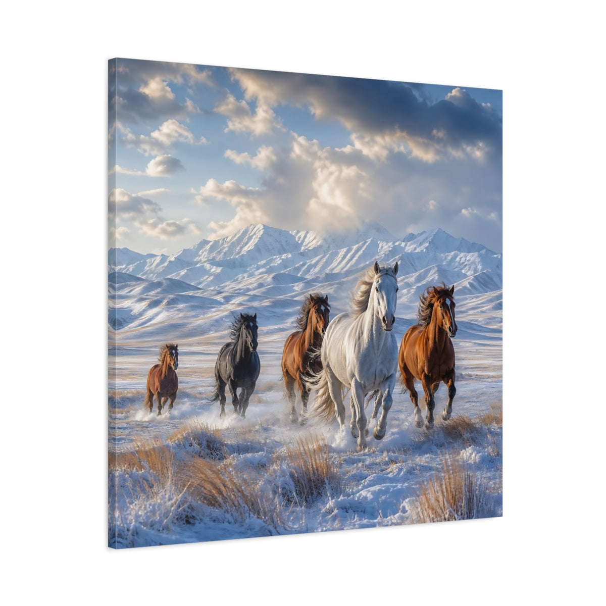 Main Mockup. Animals Wild Horses Winter Wild Horses shown as stretched canvas wall art
