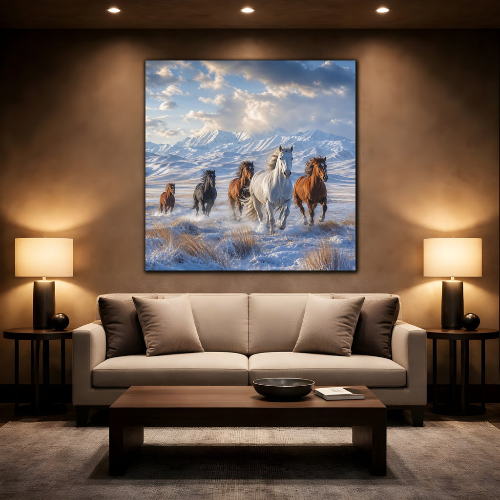 Mockup 2. Animals Wild Horses Winter Wild Horses shown as stretched canvas wall art