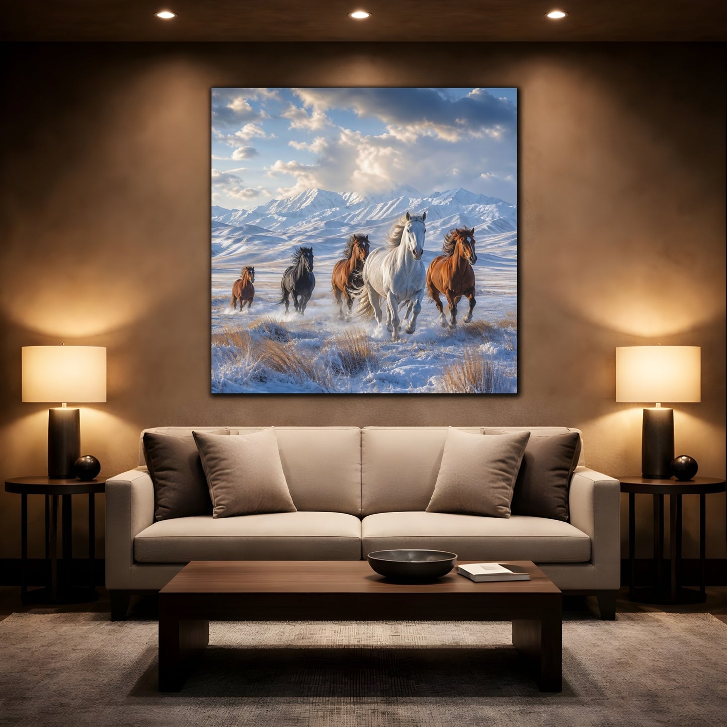 Mockup 2. Animals Wild Horses Winter Wild Horses shown as stretched canvas wall art