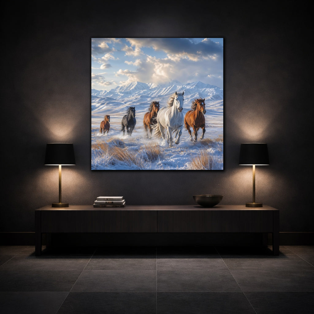 Mockup 3. Animals Wild Horses Winter Wild Horses shown as stretched canvas wall art