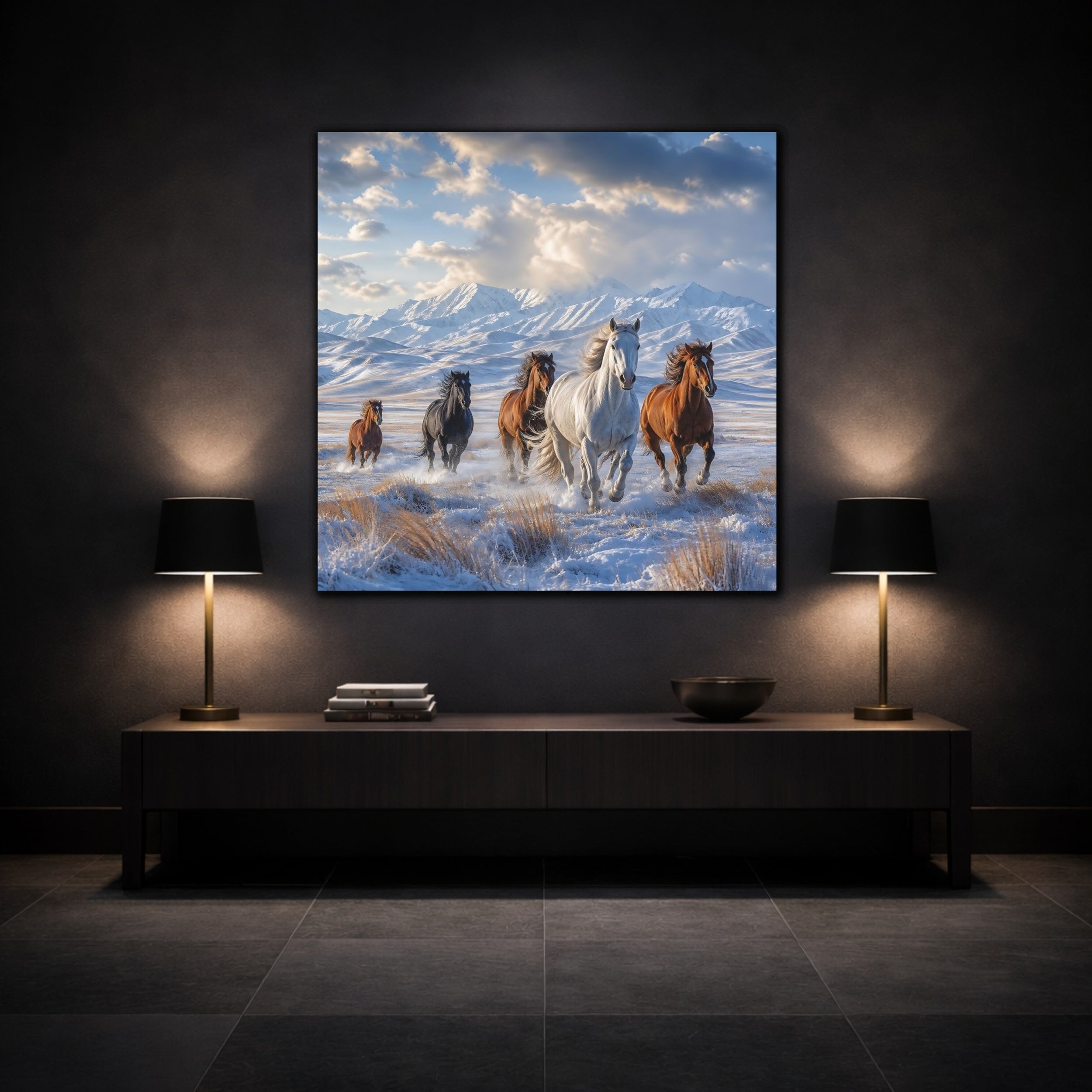 Mockup 3. Animals Wild Horses Winter Wild Horses shown as stretched canvas wall art
