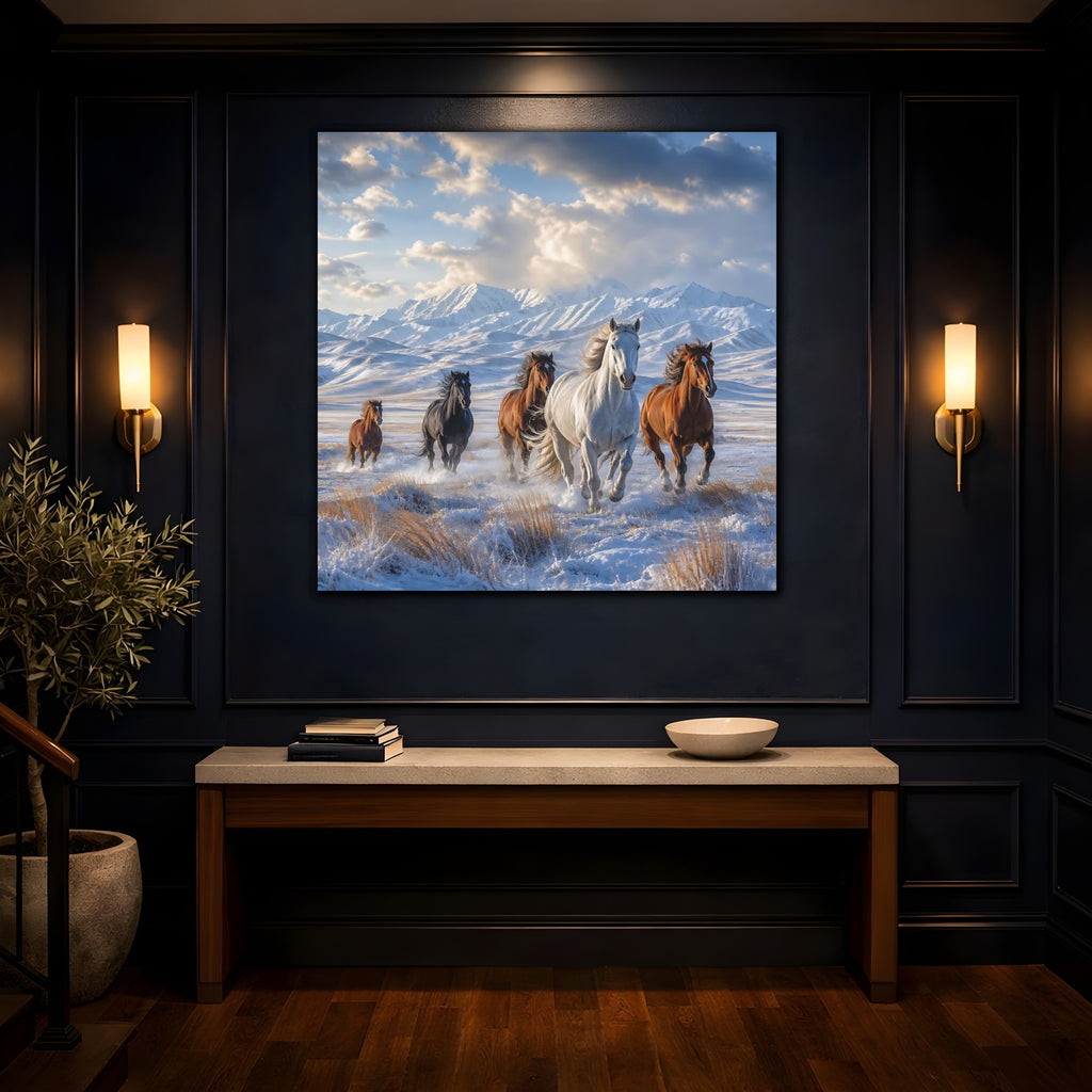 Mockup 4. Animals Wild Horses Winter Wild Horses shown as stretched canvas wall art