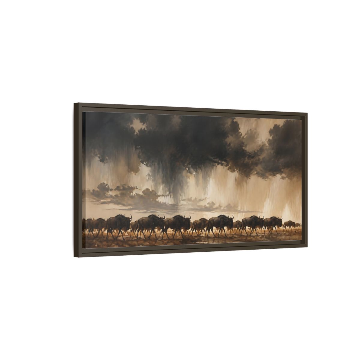 Main Mockup. Animals Wildebeest Brown And Dark shown as stretched canvas wall art
