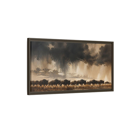 Main Mockup. Animals Wildebeest Brown And Dark shown as stretched canvas wall art