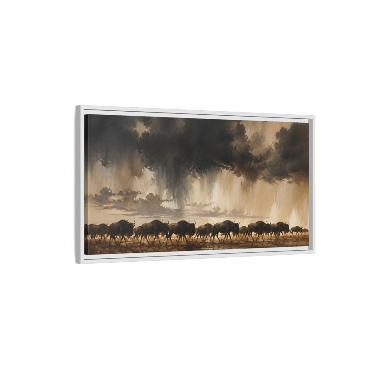 Side Mockup 1. Animals Wildebeest Brown And Dark shown as stretched canvas wall art
