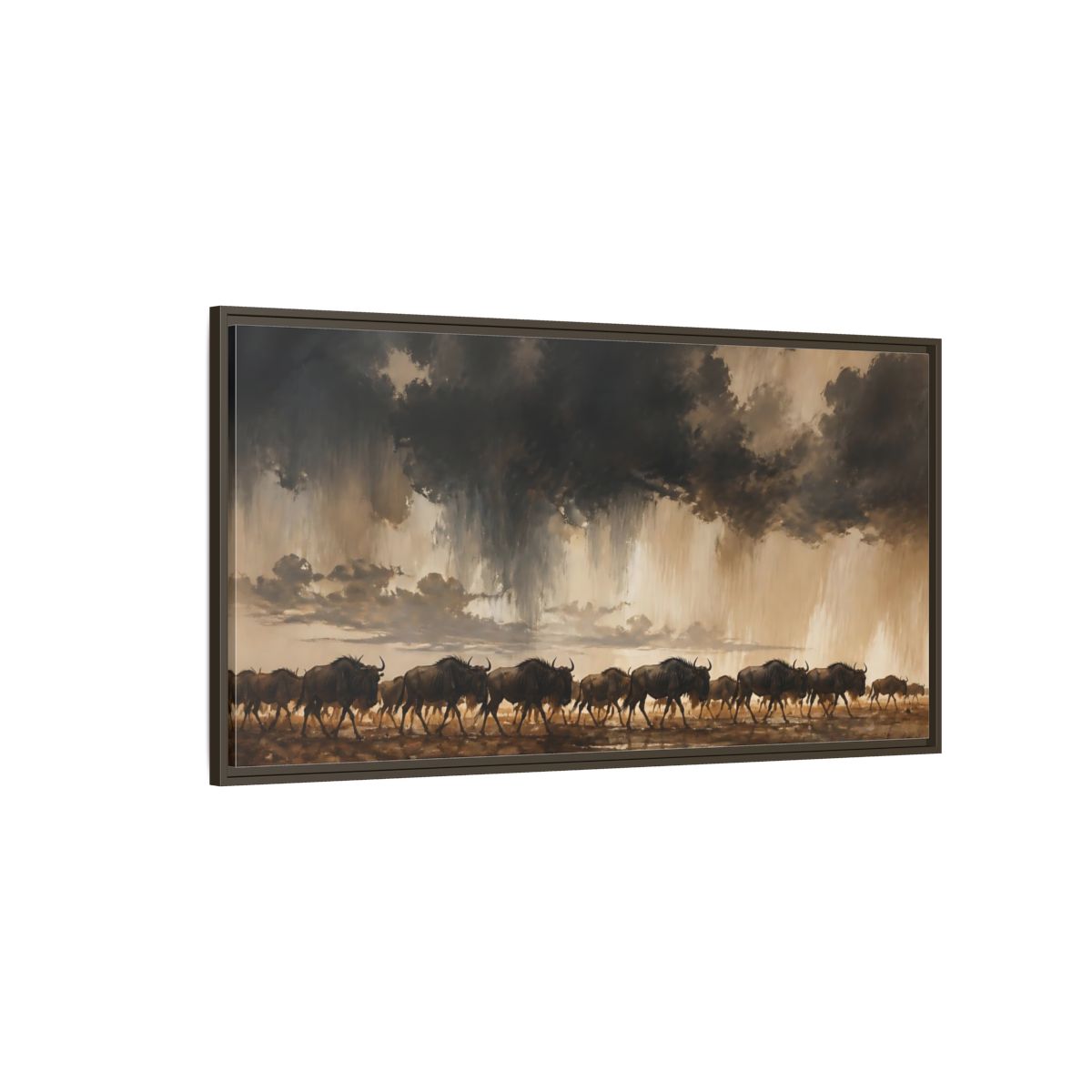 Side Mockup 4. Animals Wildebeest Brown And Dark shown as stretched canvas wall art