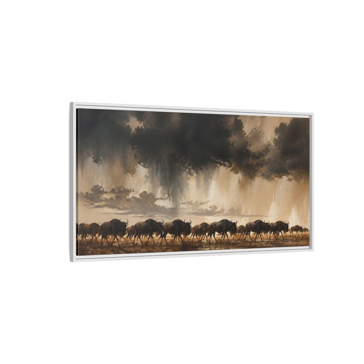 Side Mockup 3. Animals Wildebeest Brown And Dark shown as stretched canvas wall art
