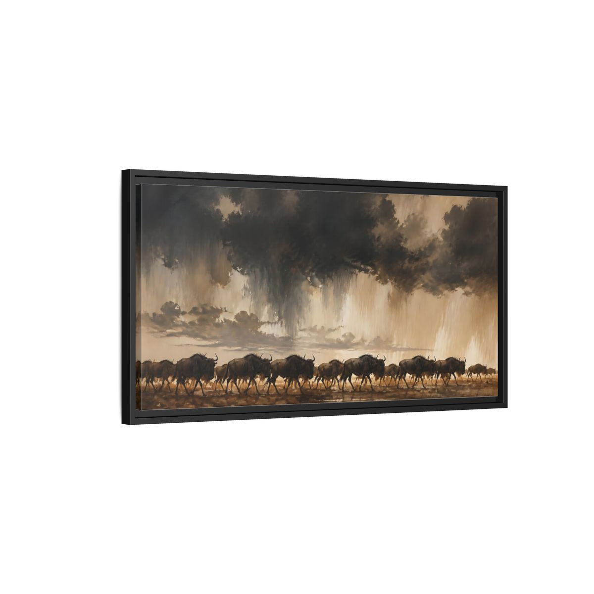 Side Mockup 2. Animals Wildebeest Brown And Dark shown as stretched canvas wall art