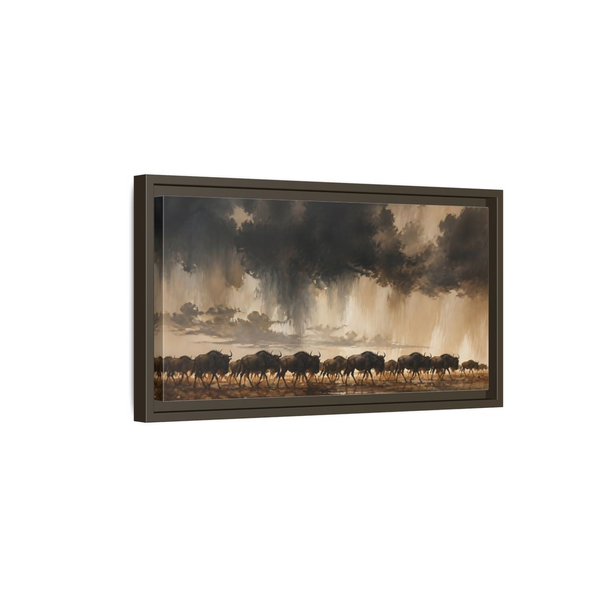 Side Mockup 7. Animals Wildebeest Brown And Dark shown as stretched canvas wall art