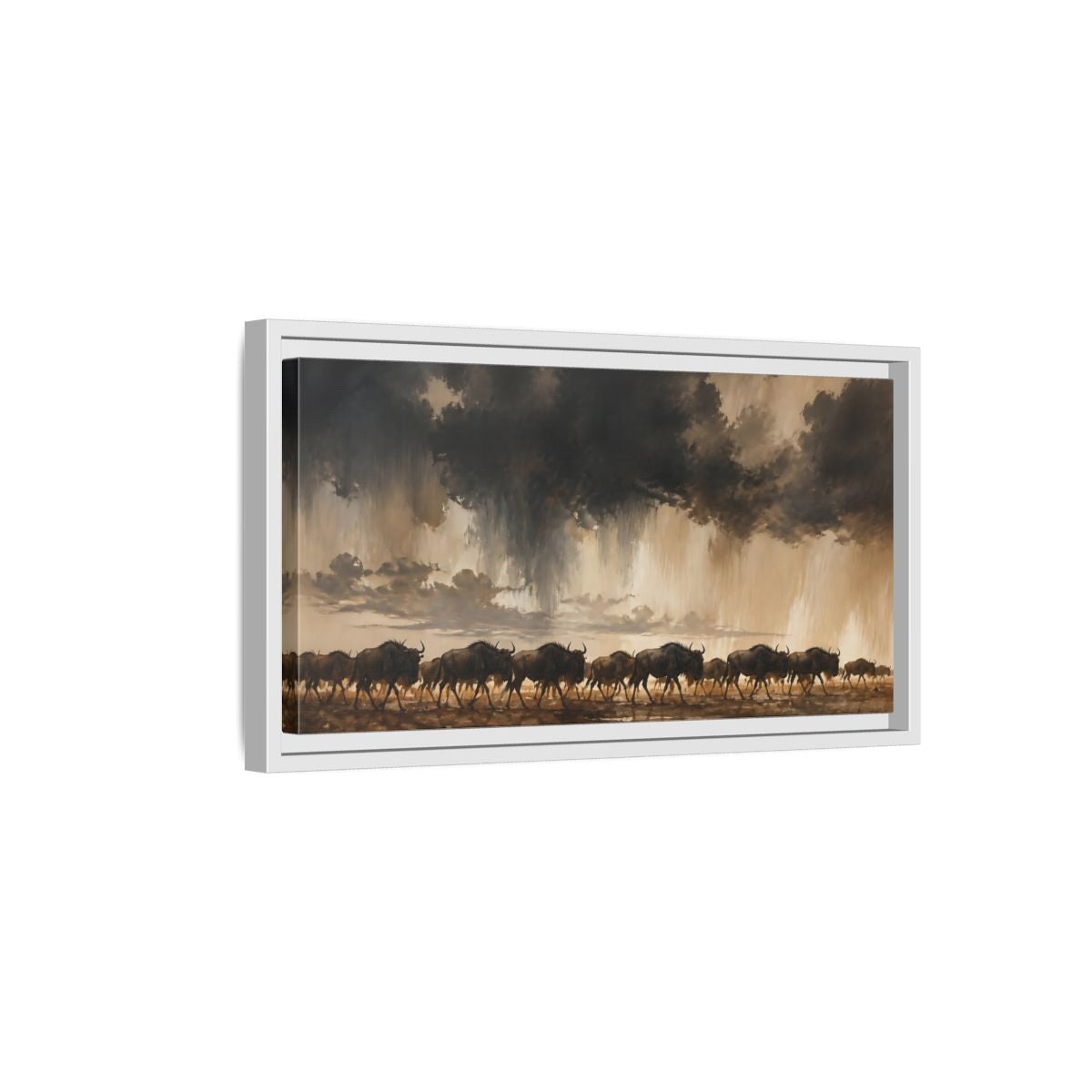 Side Mockup 6. Animals Wildebeest Brown And Dark shown as stretched canvas wall art
