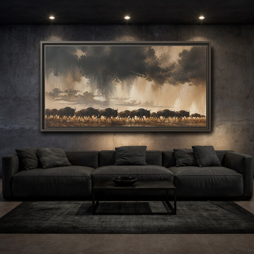 Mockup 3. Animals Wildebeest Brown And Dark shown as stretched canvas wall art