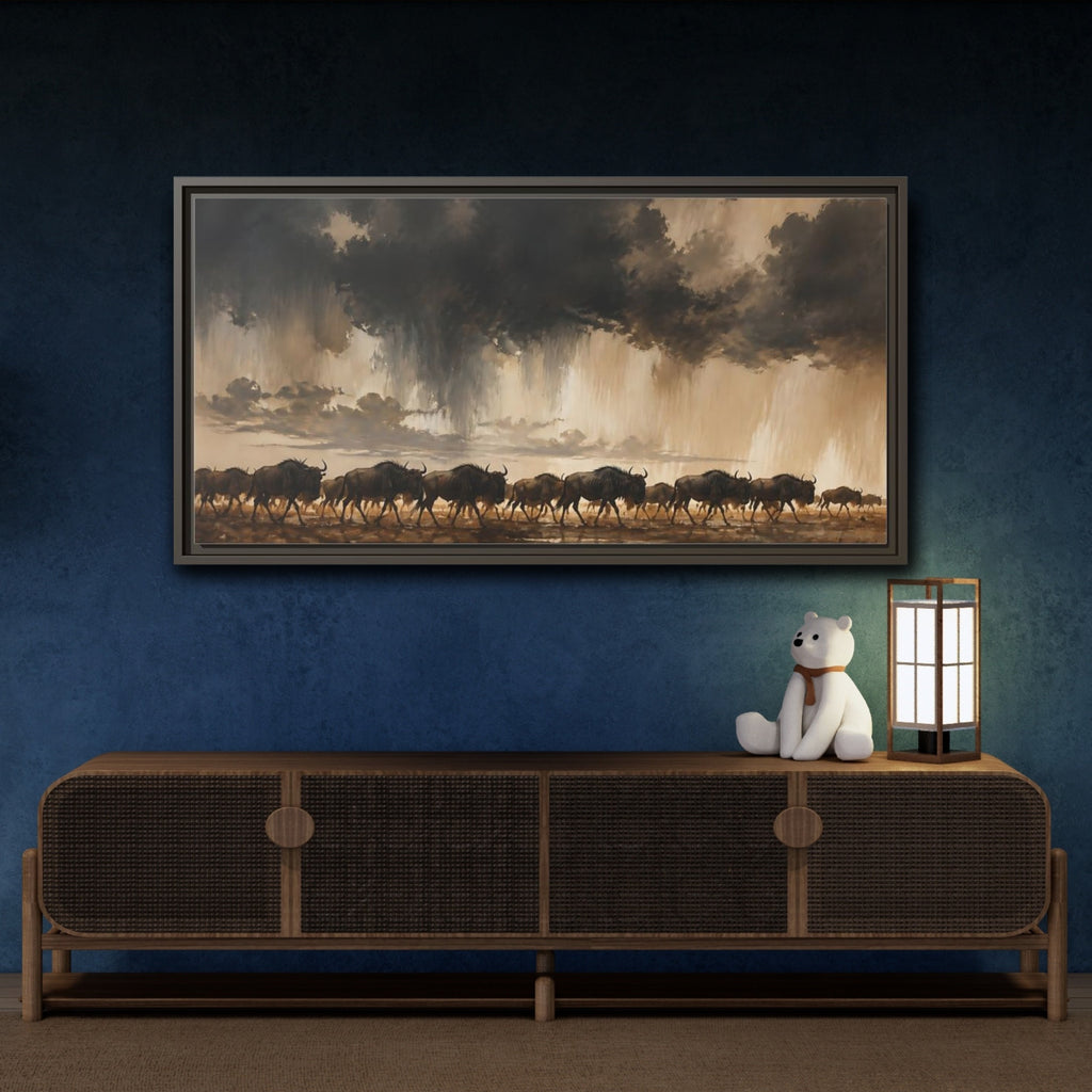 Mockup 4. Animals Wildebeest Brown And Dark shown as stretched canvas wall art