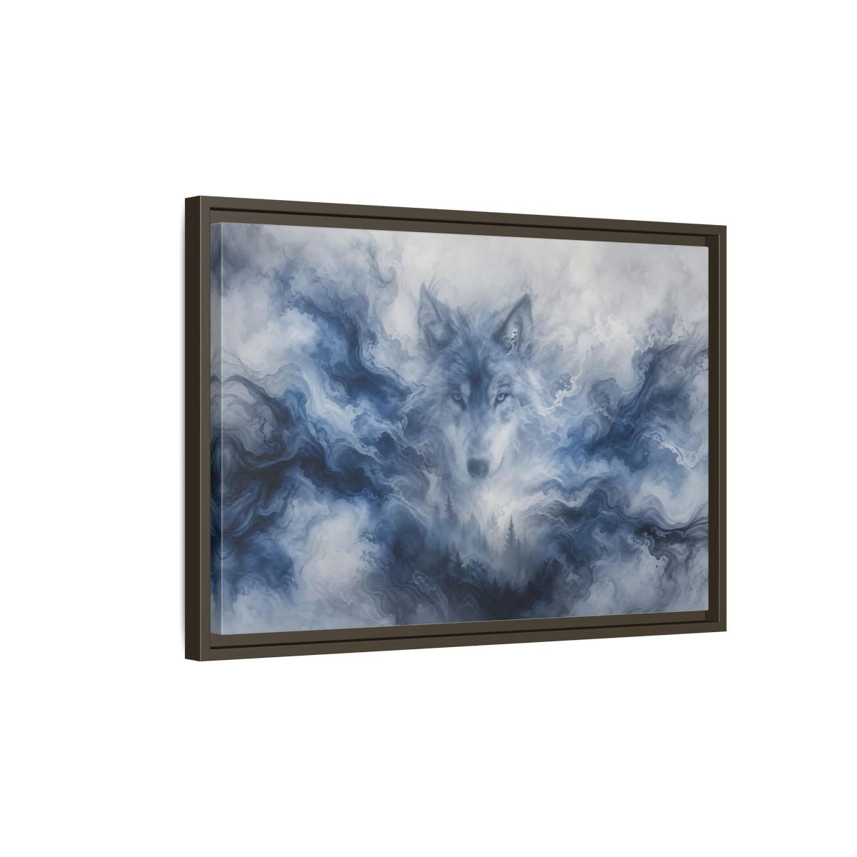 Side Mockup 2. Animals Wolf Blue Wolf shown as stretched canvas wall art