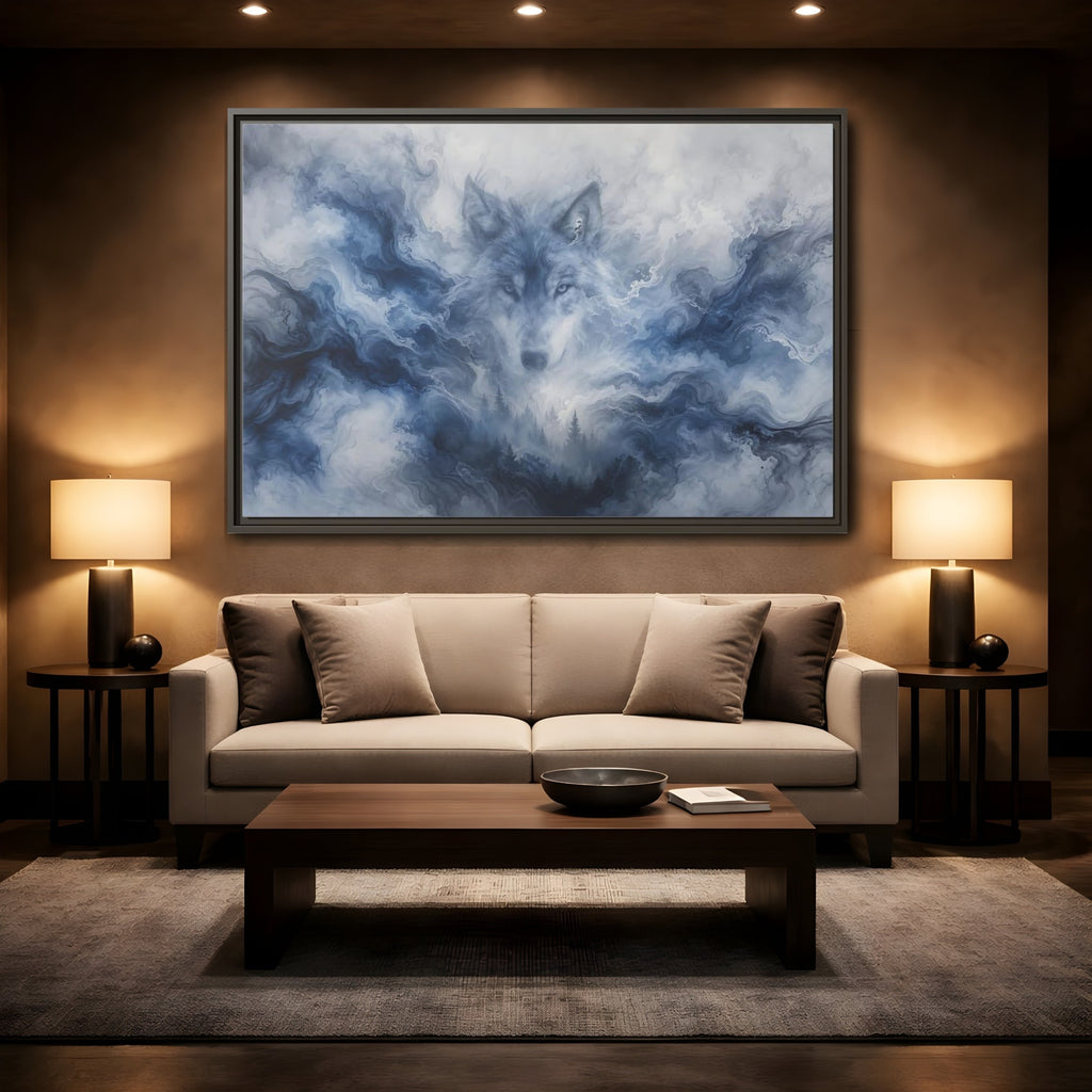 Mockup 2. Animals Wolf Blue Wolf shown as stretched canvas wall art