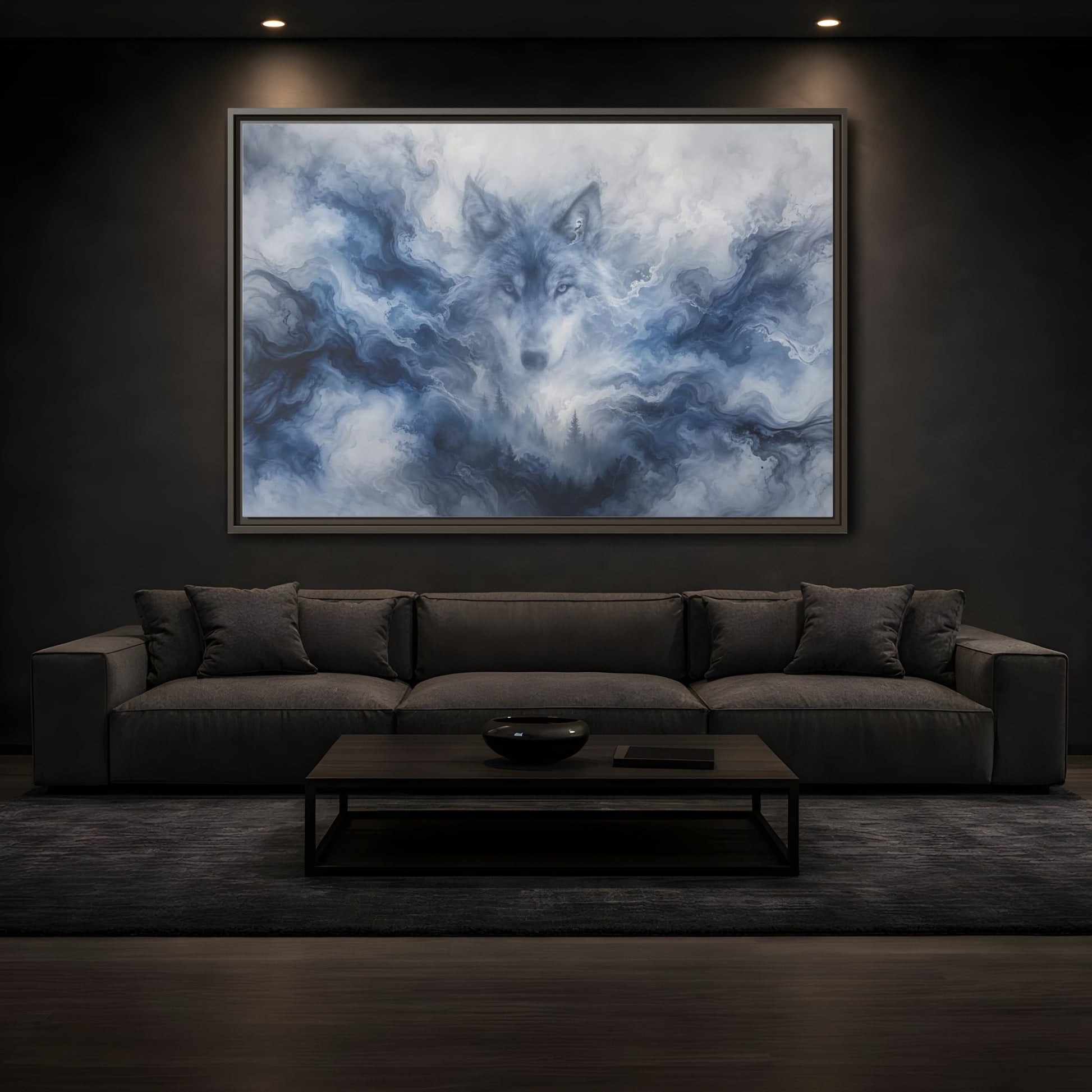 Mockup 3. Animals Wolf Blue Wolf shown as stretched canvas wall art