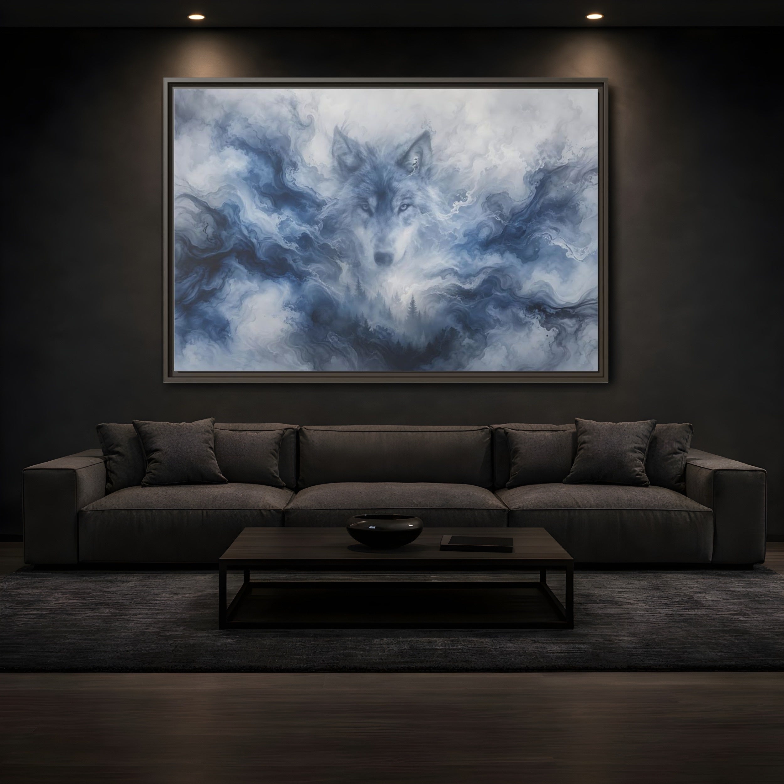 Mockup 3. Animals Wolf Blue Wolf shown as stretched canvas wall art