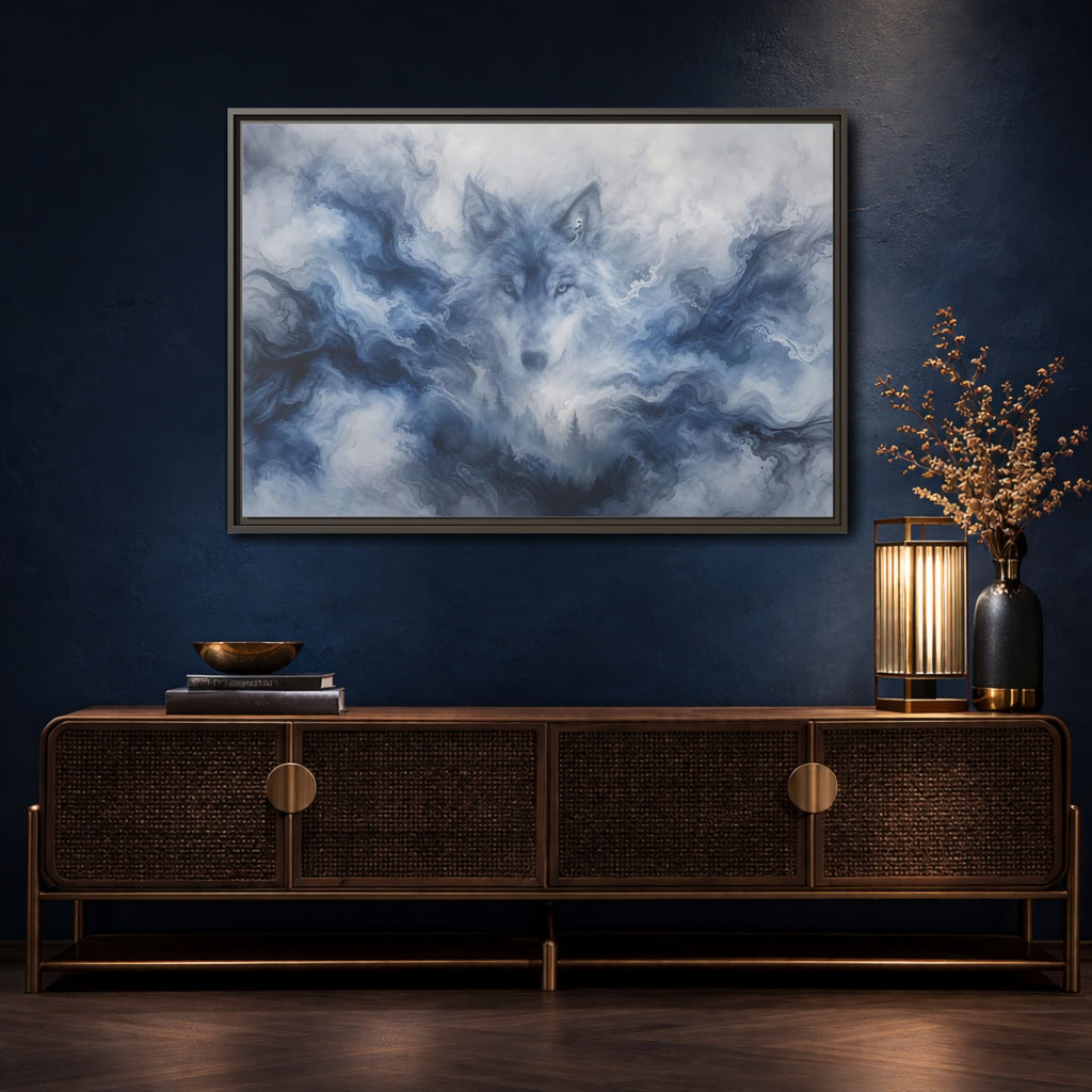 Mockup 4. Animals Wolf Blue Wolf shown as stretched canvas wall art