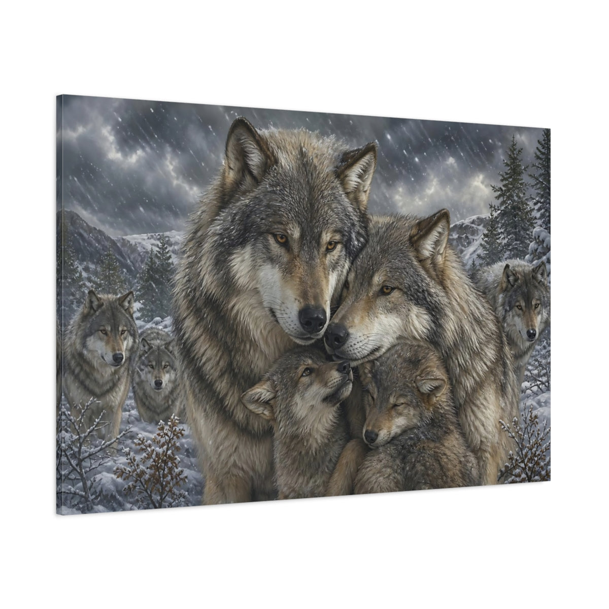 Side Mockup 1. Animals Wolf Family Grey Wolf Pack shown as stretched canvas wall art