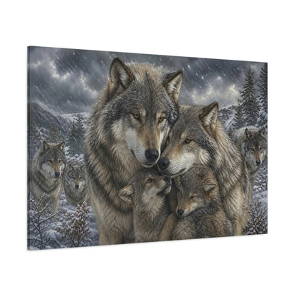 Side Mockup 1. Animals Wolf Family Grey Wolf Pack shown as stretched canvas wall art