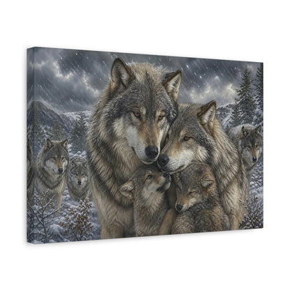 Side Mockup 4. Animals Wolf Family Grey Wolf Pack shown as stretched canvas wall art