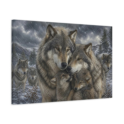 Side Mockup 2. Animals Wolf Family Grey Wolf Pack shown as stretched canvas wall art