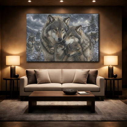 Mockup 2. Animals Wolf Family Grey Wolf Pack shown as stretched canvas wall art