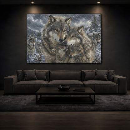 Mockup 3. Animals Wolf Family Grey Wolf Pack shown as stretched canvas wall art