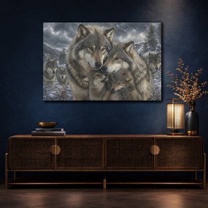Mockup 4. Animals Wolf Family Grey Wolf Pack shown as stretched canvas wall art