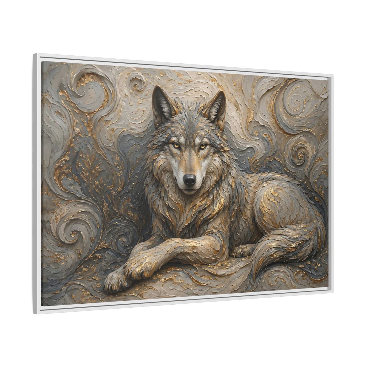 Side Mockup 7. Animals Wolf Gray Wolf Gold shown as stretched canvas wall art