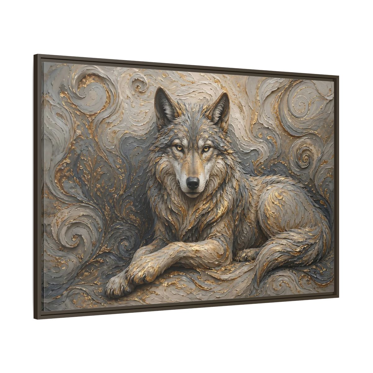 Side Mockup 8. Animals Wolf Gray Wolf Gold shown as stretched canvas wall art