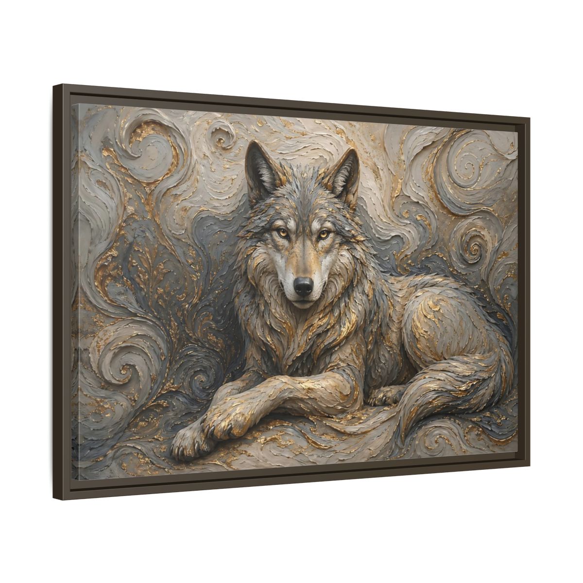 Side Mockup 11. Animals Wolf Gray Wolf Gold shown as stretched canvas wall art