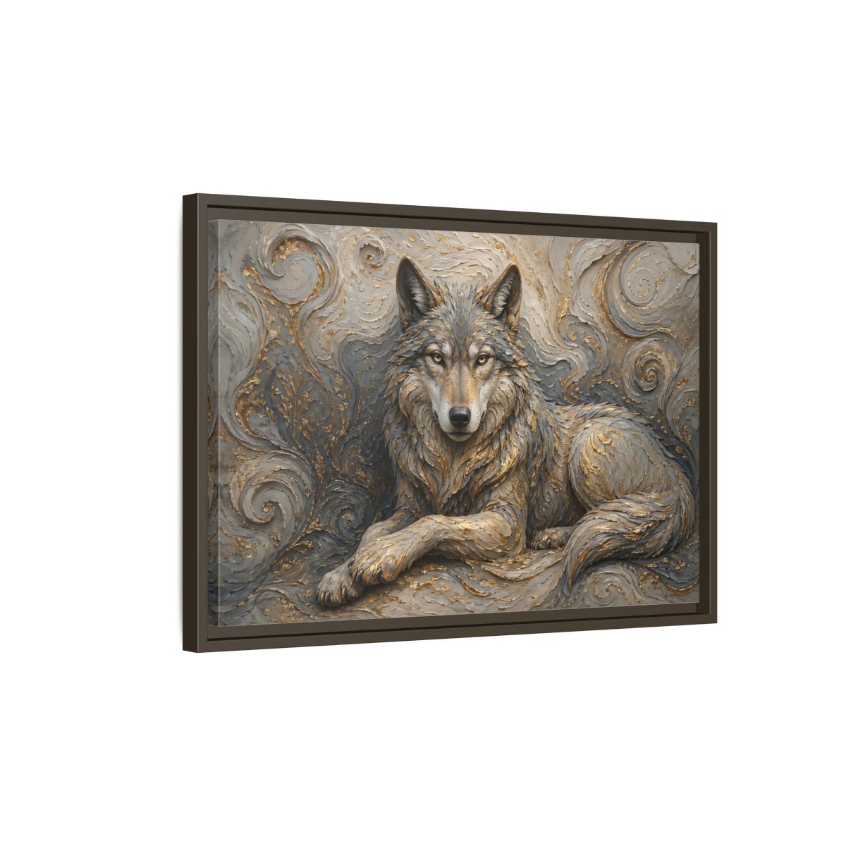Side Mockup 2. Animals Wolf Gray Wolf Gold shown as stretched canvas wall art