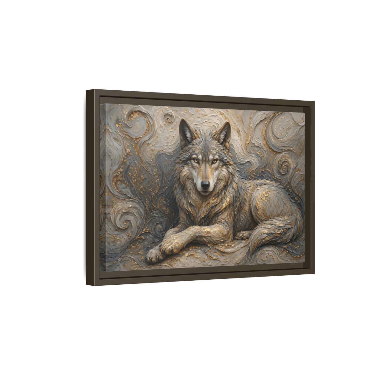 Side Mockup 5. Animals Wolf Gray Wolf Gold shown as stretched canvas wall art