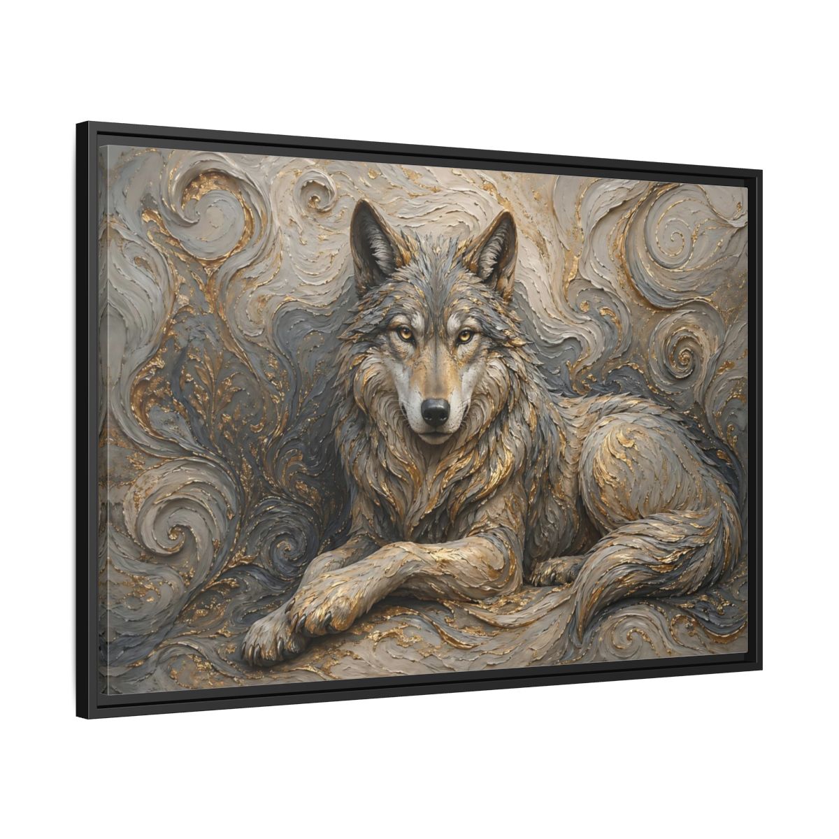 Side Mockup 13. Animals Wolf Gray Wolf Gold shown as stretched canvas wall art