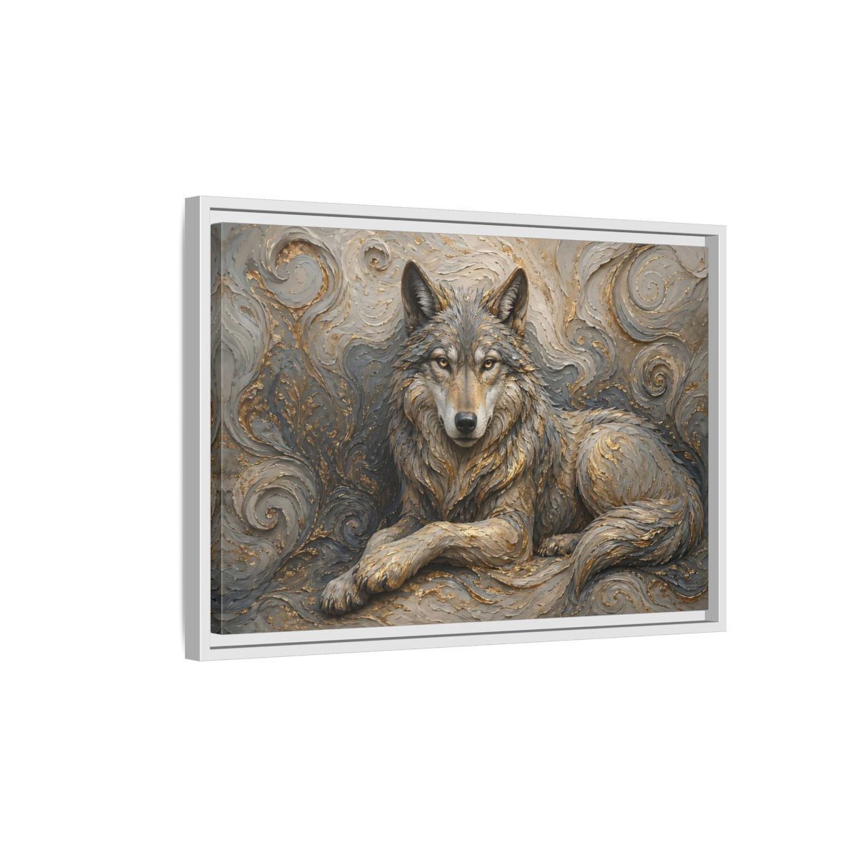 Side Mockup 1. Animals Wolf Gray Wolf Gold shown as stretched canvas wall art