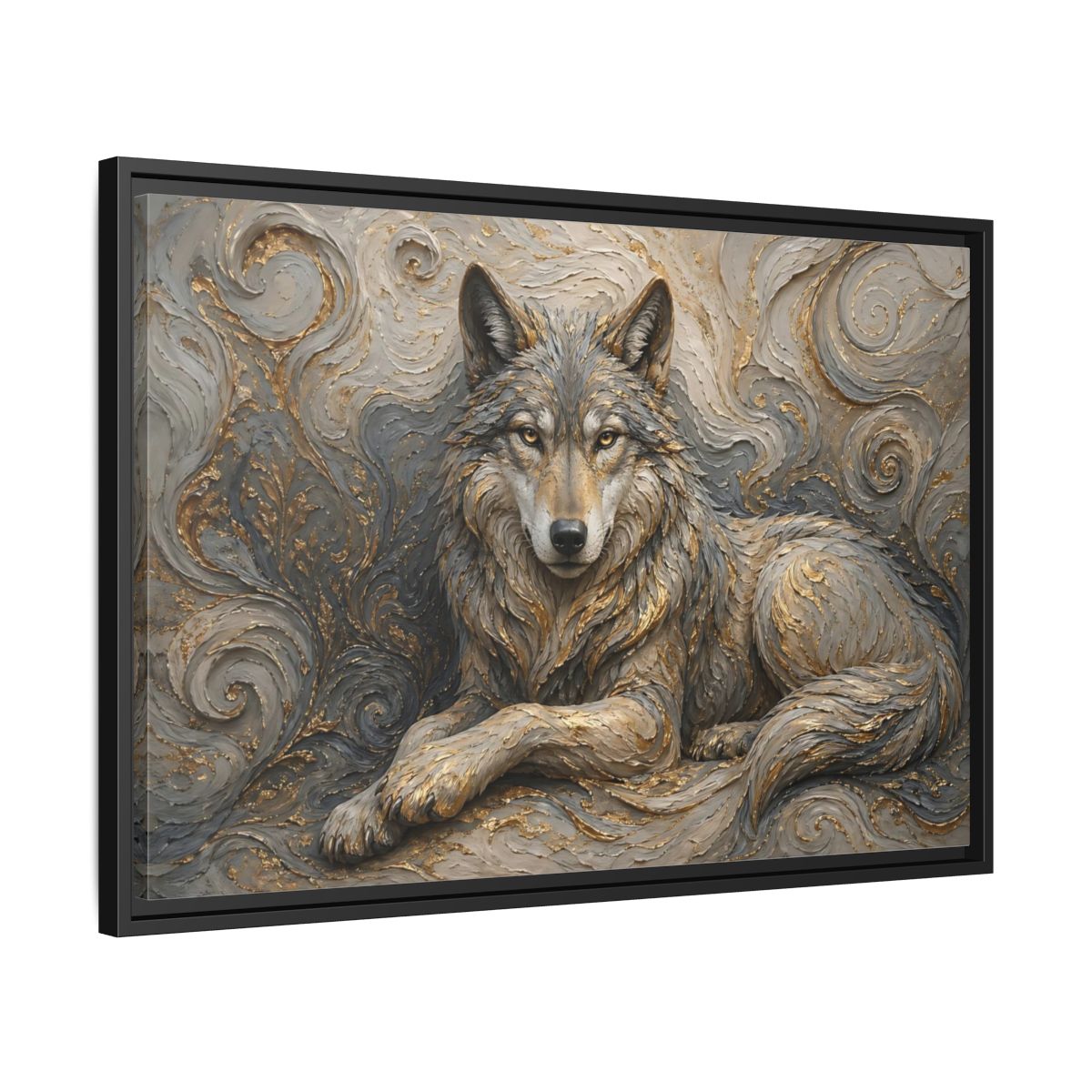 Side Mockup 14. Animals Wolf Gray Wolf Gold shown as stretched canvas wall art