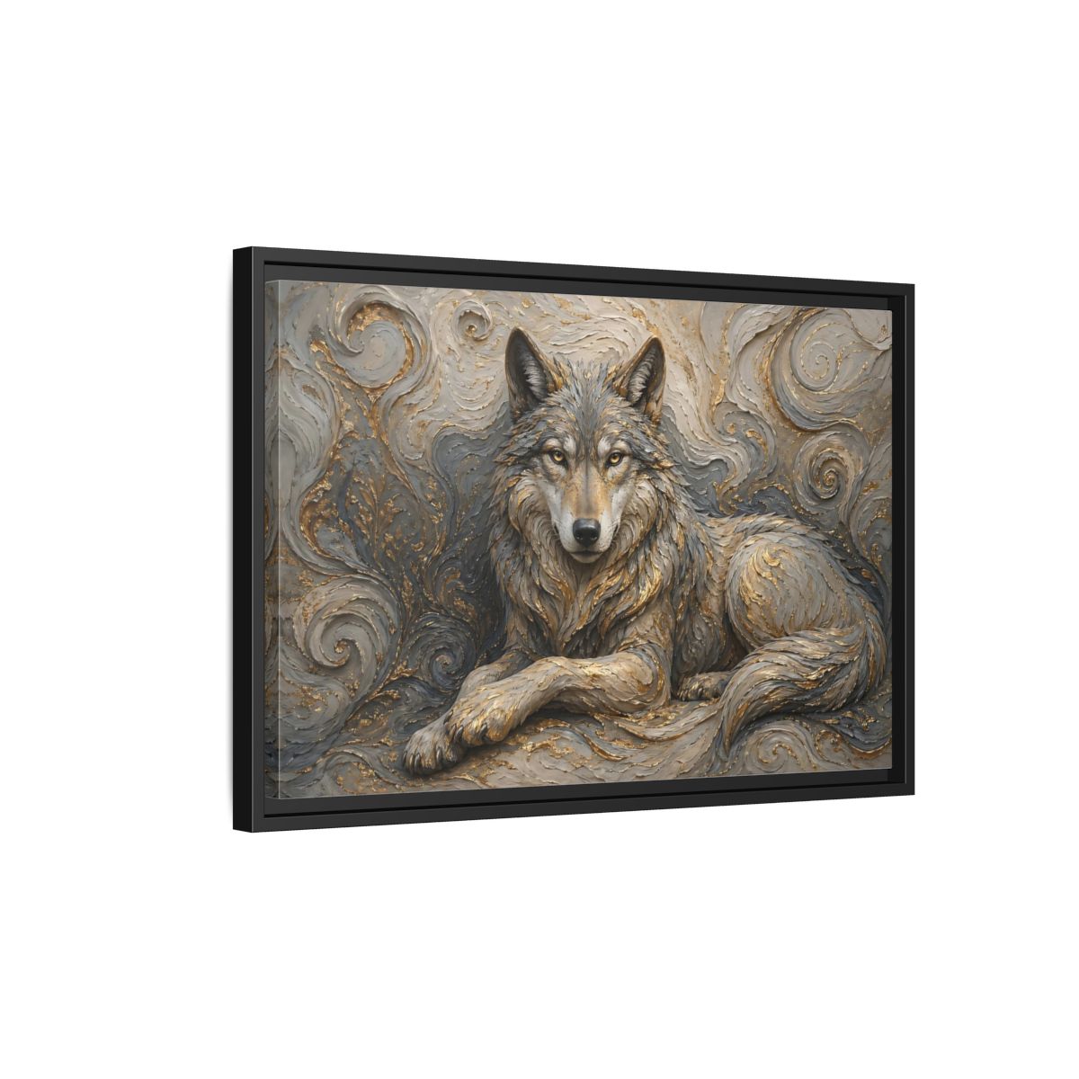 Side Mockup 3. Animals Wolf Gray Wolf Gold shown as stretched canvas wall art
